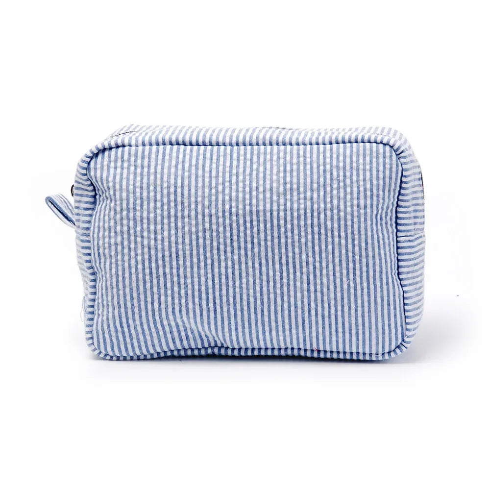 Trousse de Toilette Seersucker à Volants – Maquillage Rayé pour Femme, Fermeture Éclair