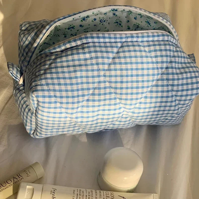 Trousse de Toilette Floral à Carreaux – Grande Capacité, Matelassée
