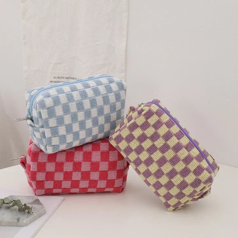 Trousse de toilette femme damier tricot - grande capacité