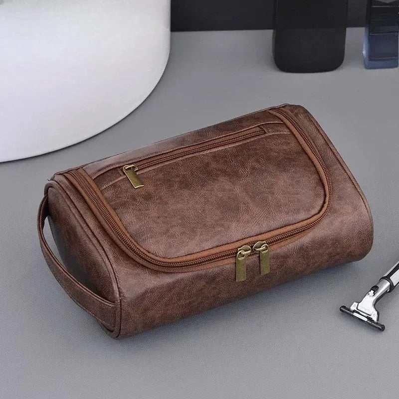 Trousse de Toilette PU Cuir Rétro Étanche – Voyage Unisexe