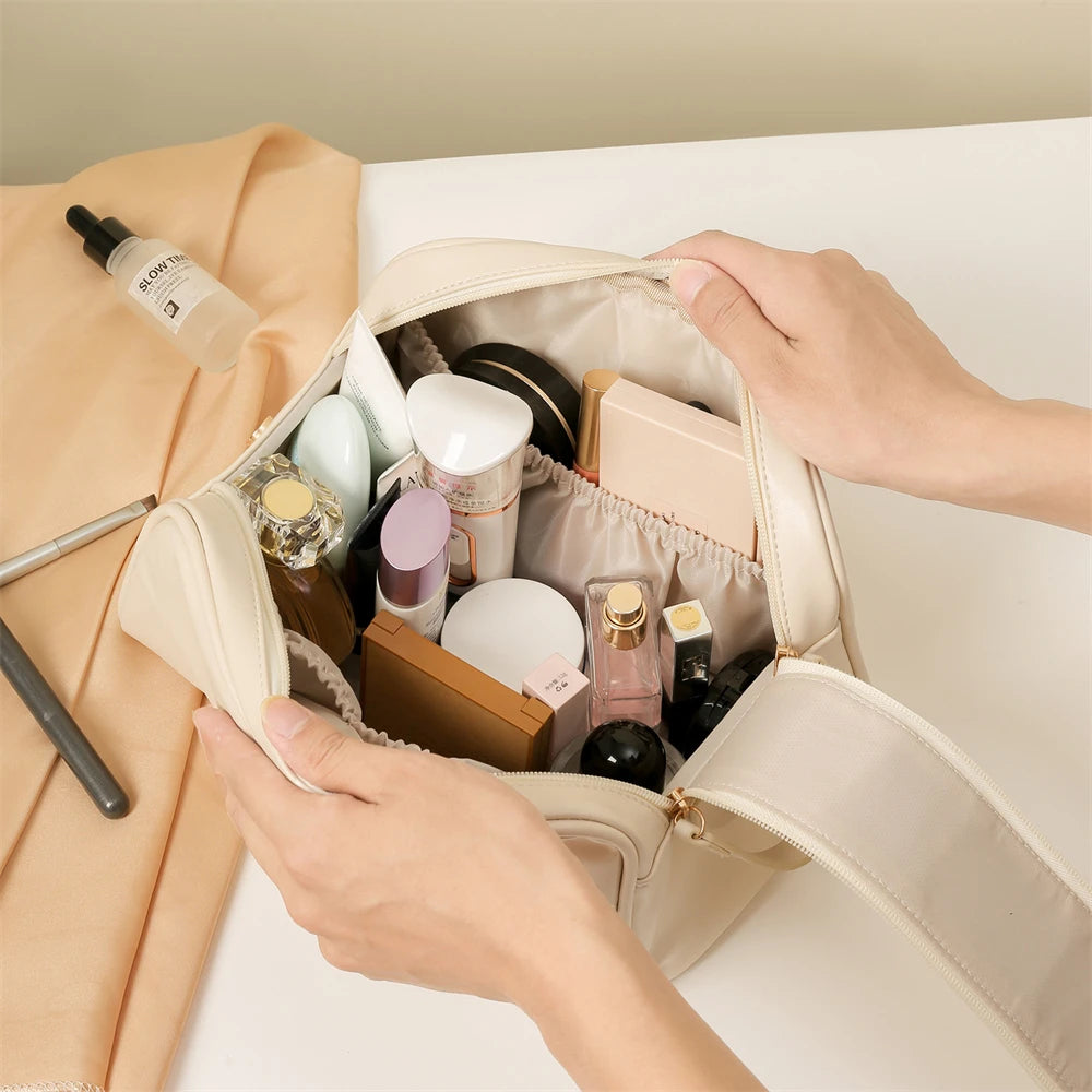 Trousse de Toilette PU Cuir – Ouverture Large, Grande Capacité, Organisateur Maquillage Portable