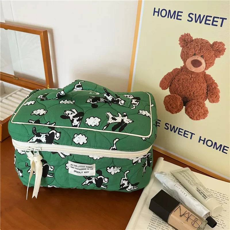 Trousse de toilette verte en coton – Style coréen, chien cartoon, grande capacité