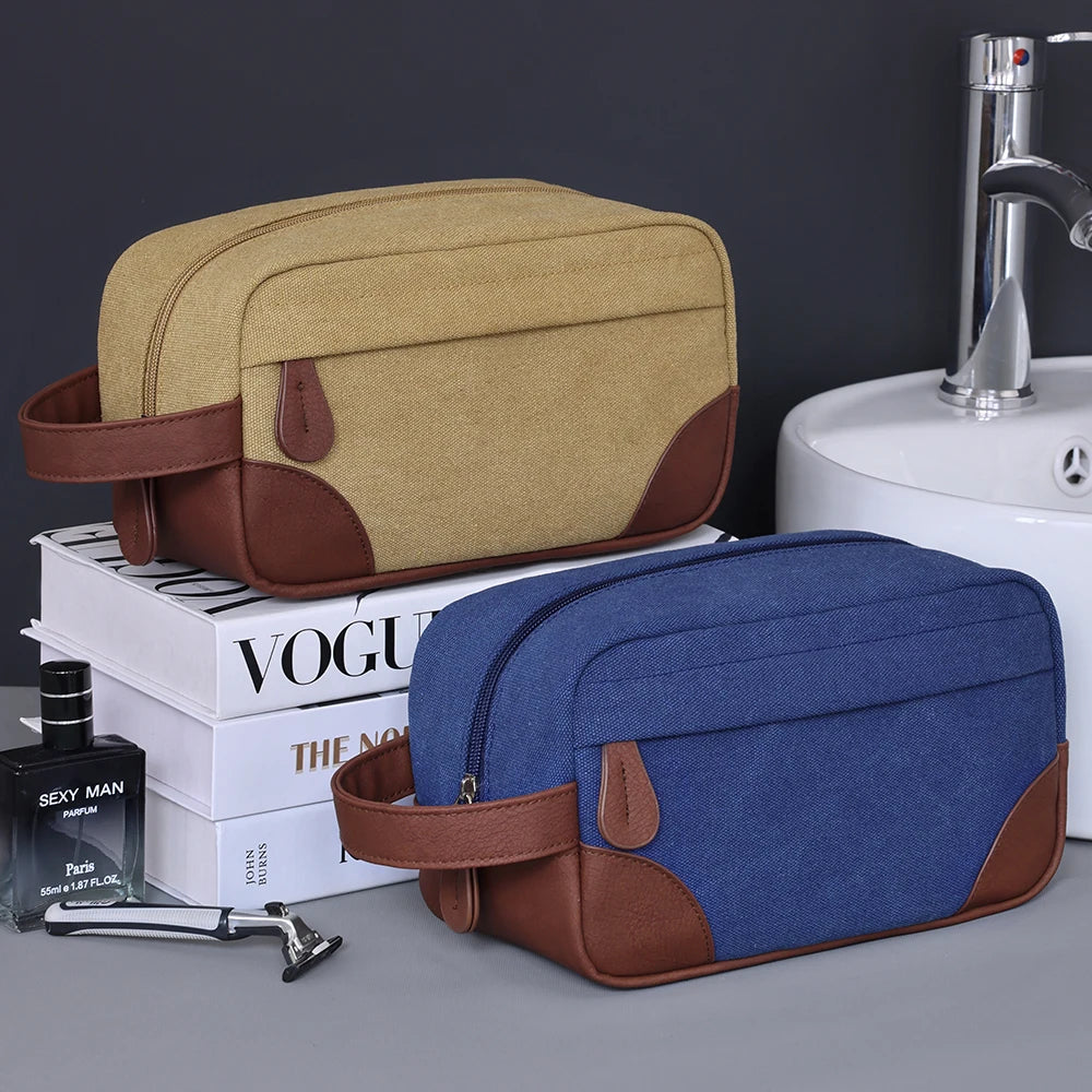 Trousse de toilette en cuir et toile – grande capacité, étanche