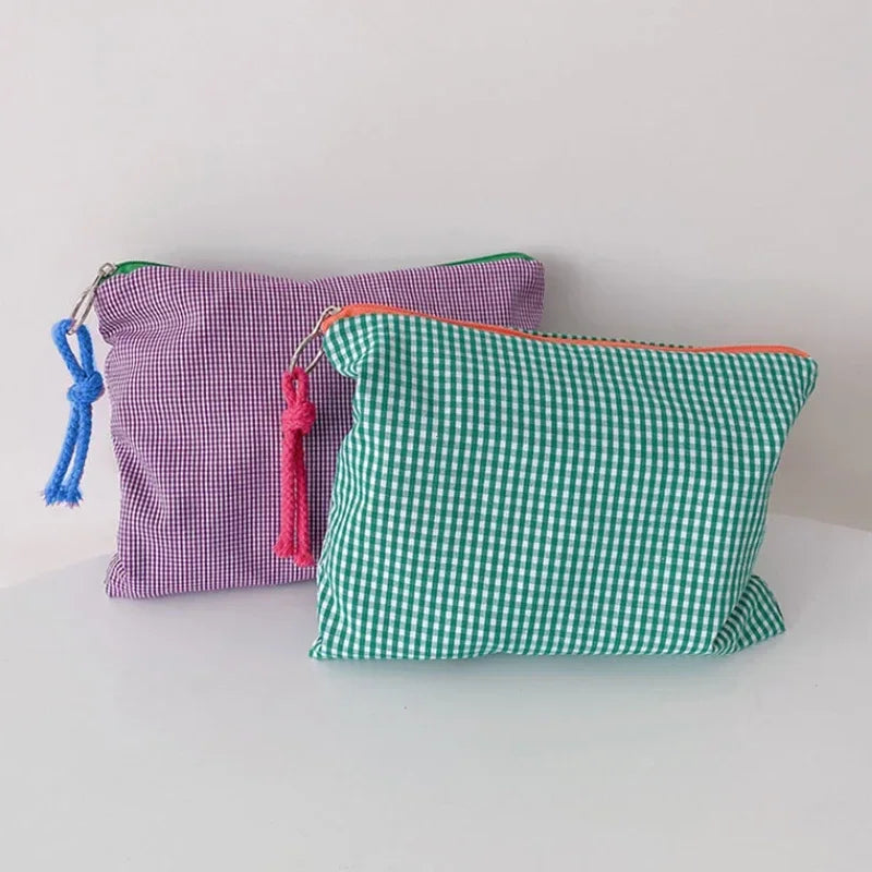 Trousse de Toilette Carreaux Coton-Lin – Zippée, Portable, Grande Capacité, Maquillage
