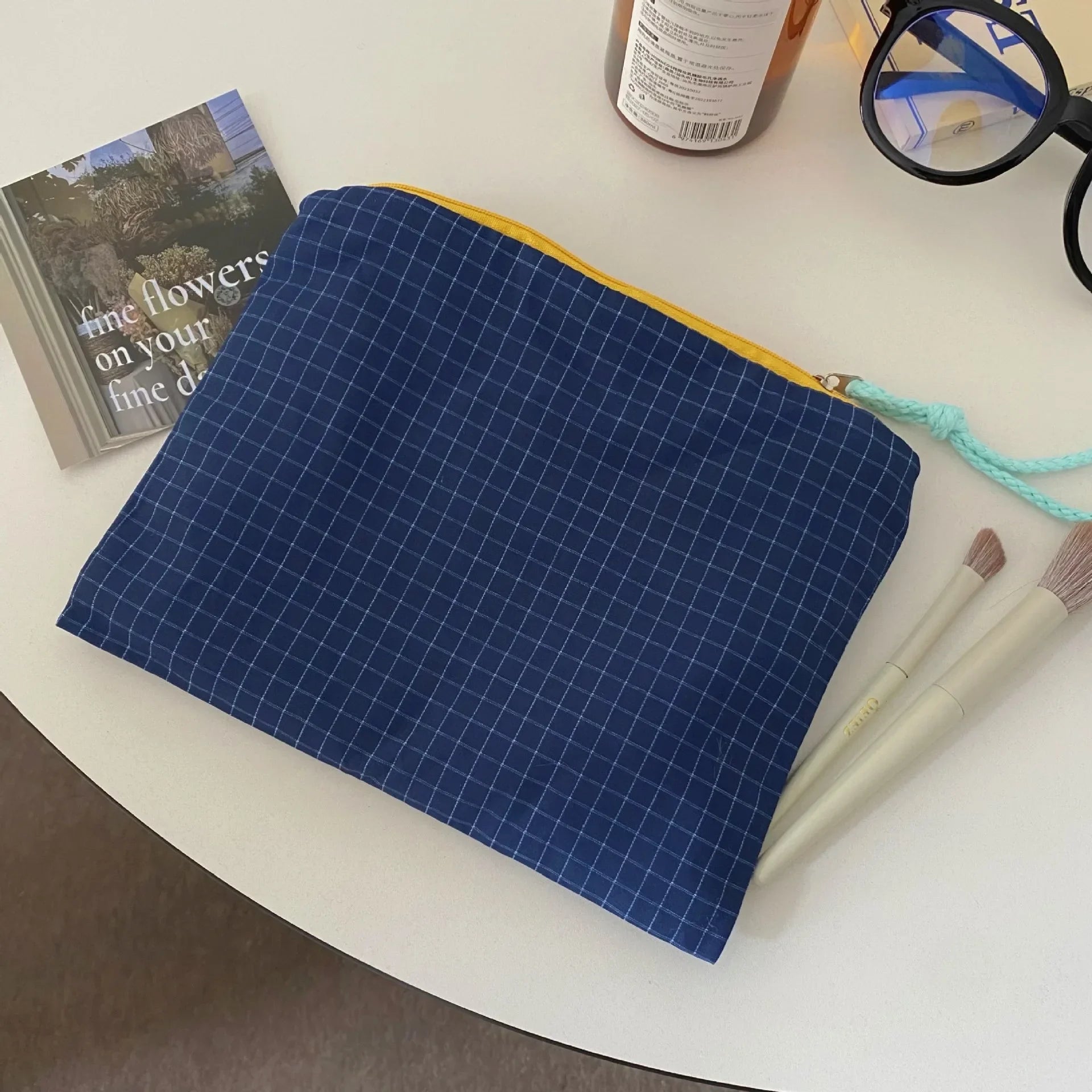 Trousse de Toilette Carreaux Coton-Lin – Zippée, Portable, Grande Capacité
