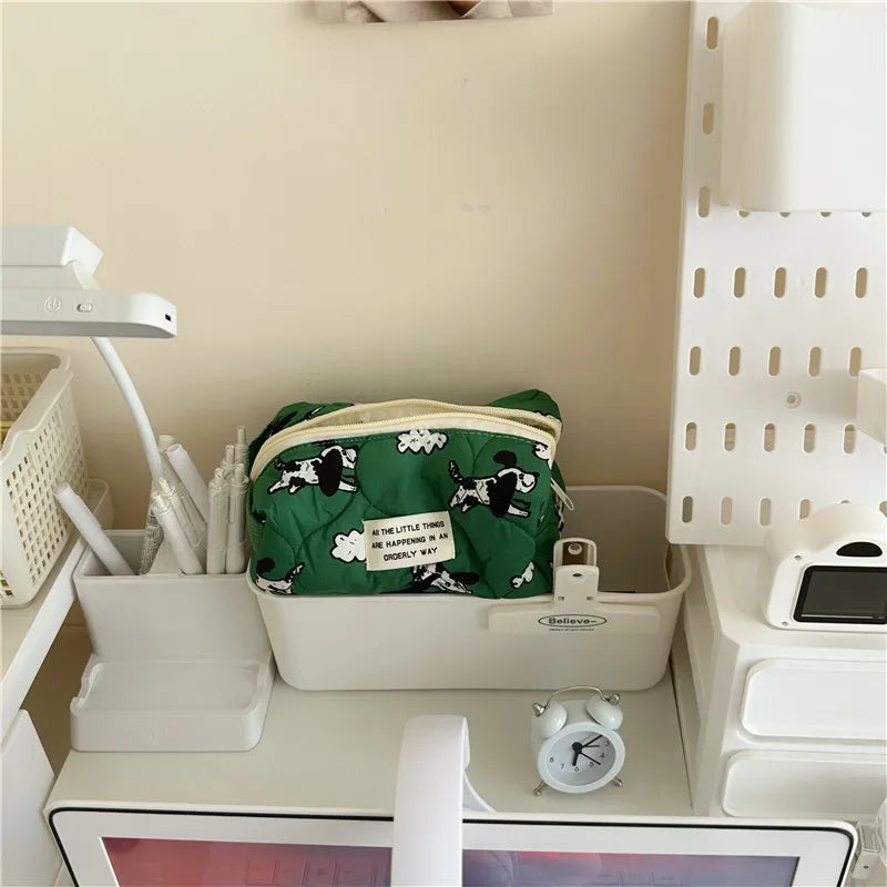Trousse de toilette verte en coton – Style coréen, chien cartoon, grande capacité