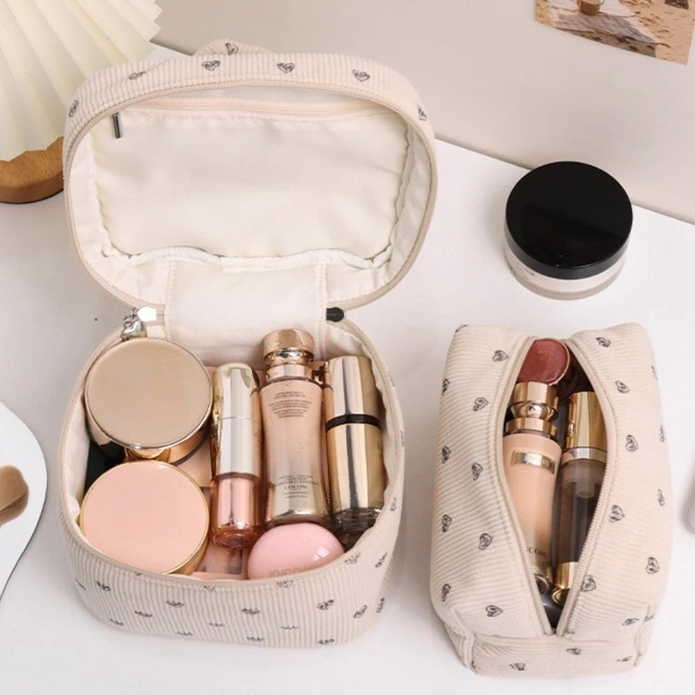 Trousse Toilette Velours Côtelé Imprimé Cœur – Grande Capacité