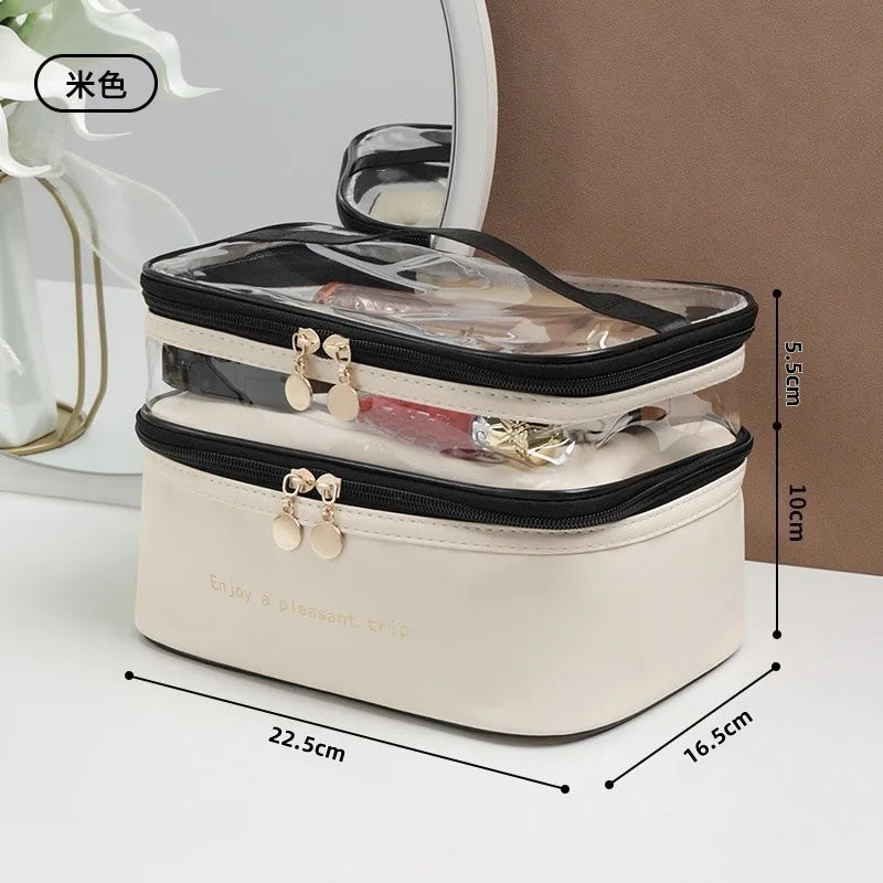 Trousse de Toilette Double PU Transparent – Étanche, Portable, Grande Capacité
