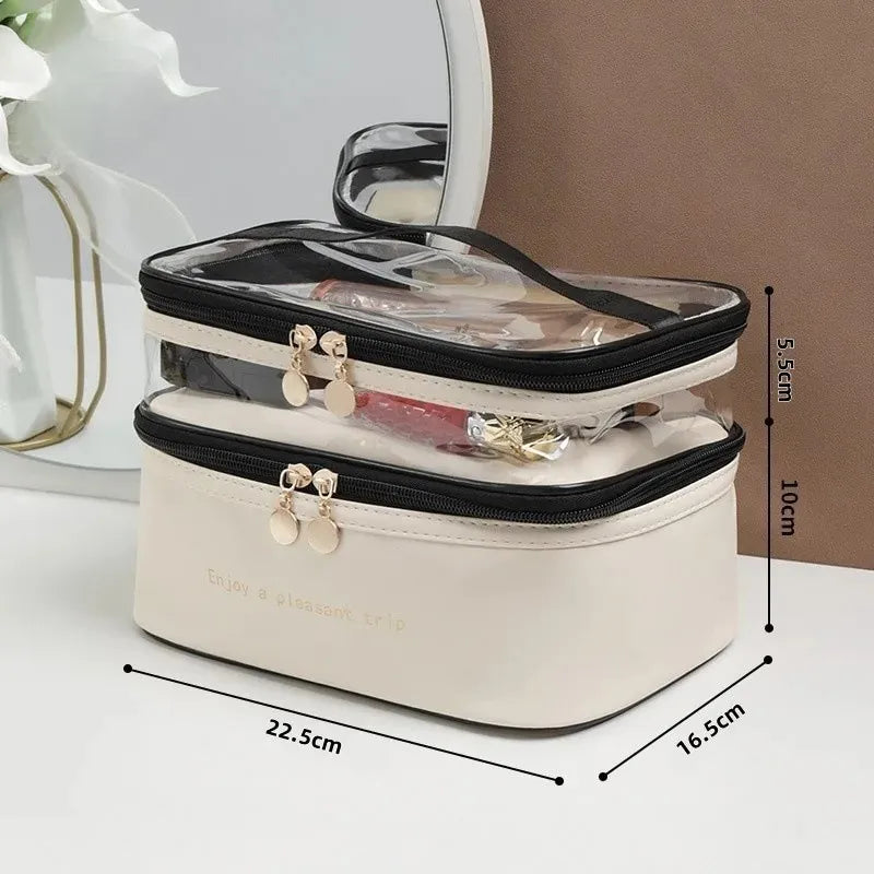 Trousse de Toilette Double PU Transparent – Étanche, Portable, Grande Capacité