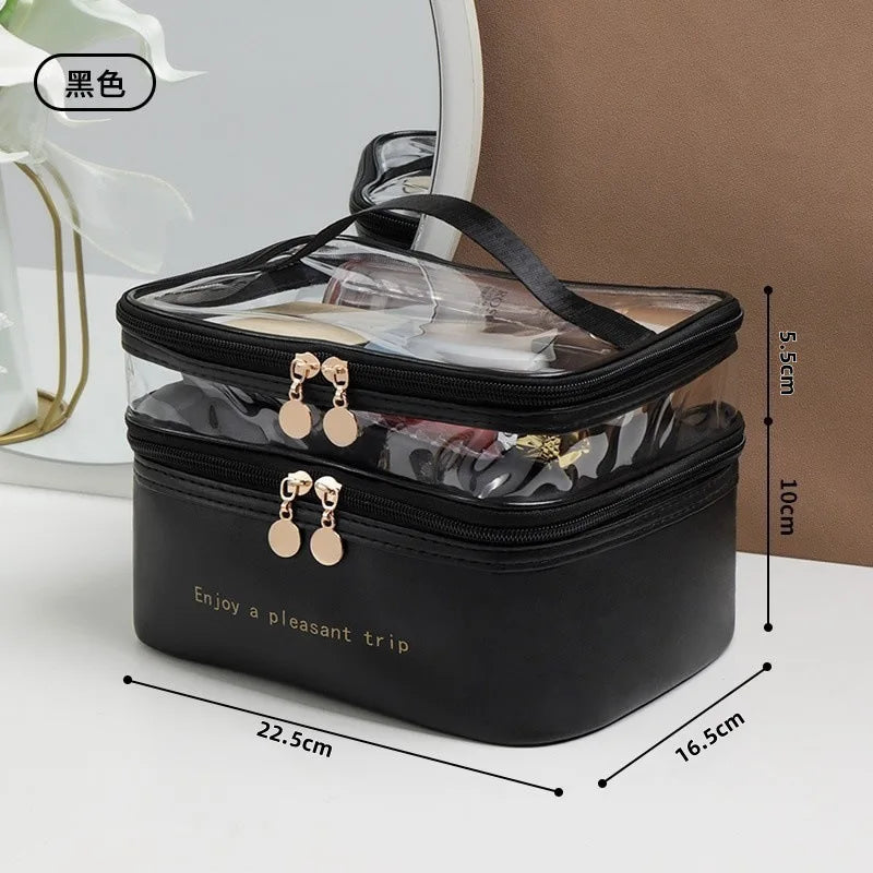 Trousse de Toilette Double PU Transparent – Étanche, Portable, Grande Capacité