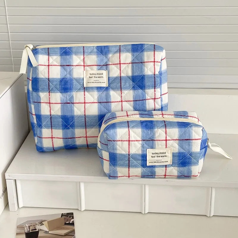 Trousse de Toilette Vintage Plaid - Maquillage Voyage en Coton Matelassé