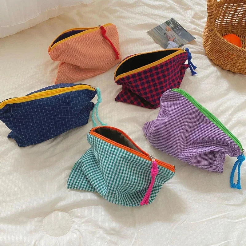 Trousse de Toilette Carreaux Coton-Lin – Zippée, Portable, Grande Capacité