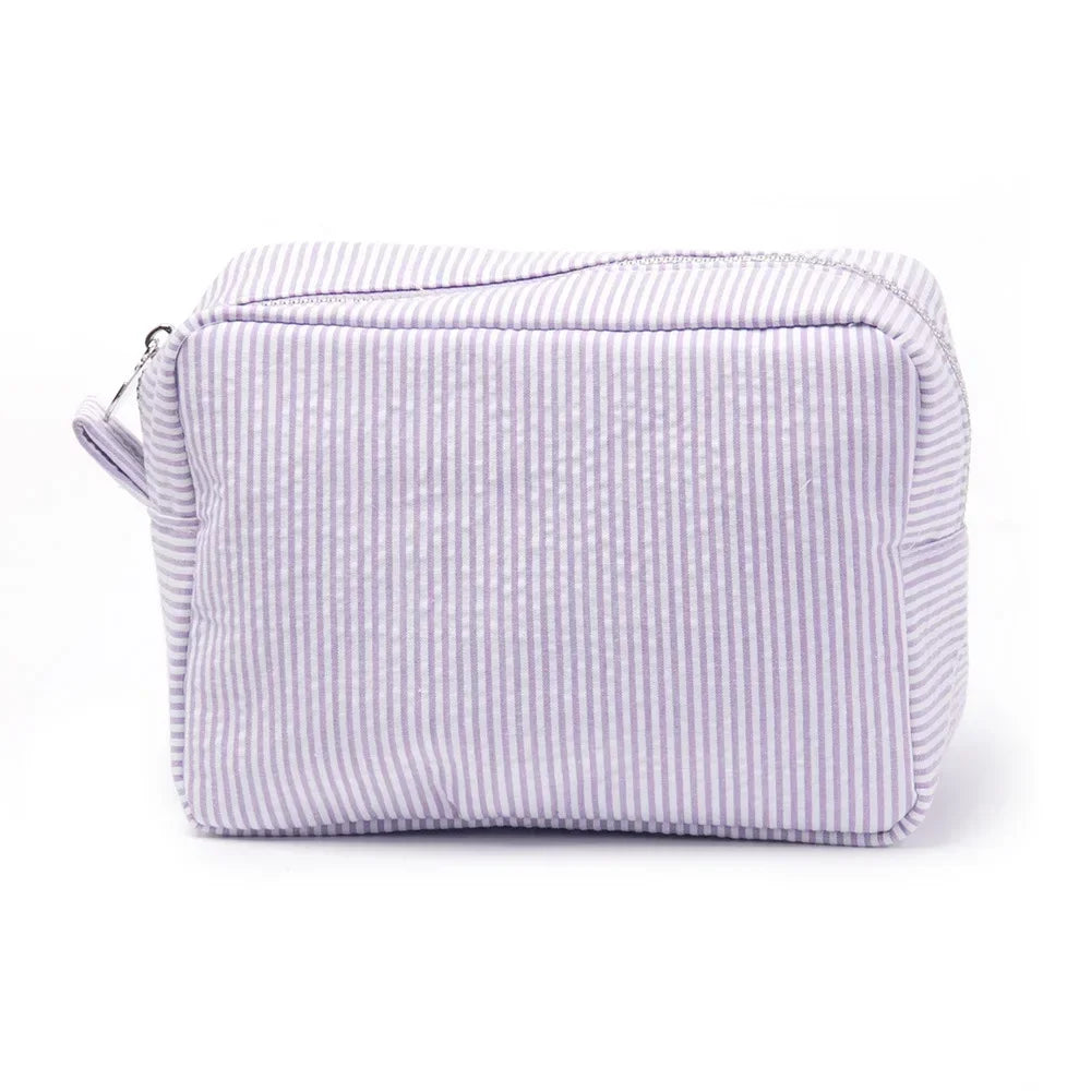 Trousse de Toilette Seersucker à Volants – Maquillage Rayé, Fermeture Éclair