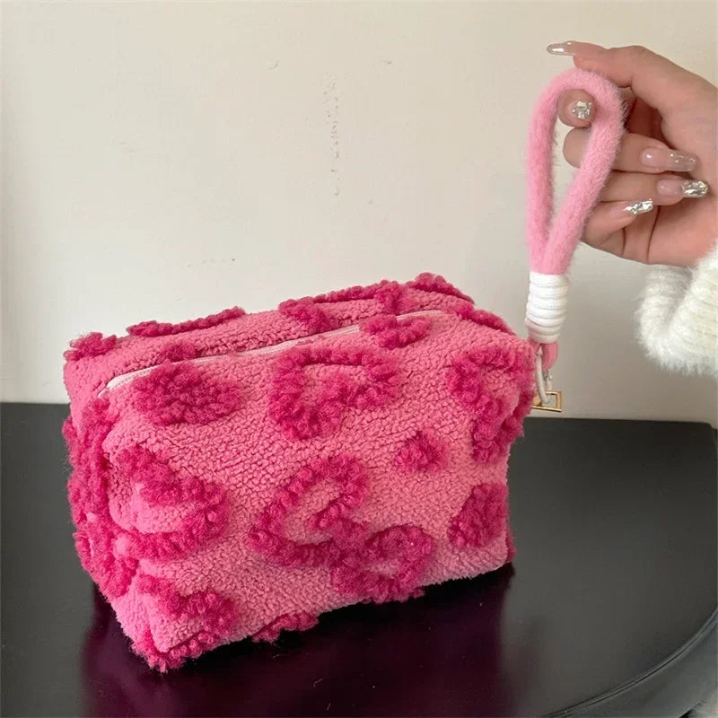 Trousse de Toilette Cœur Peluche Rose et Rouge – Grande Capacité, Lanière