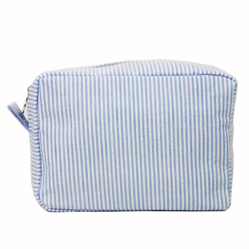 Trousse de Toilette Seersucker à Volants – Maquillage Rayé, Fermeture Éclair