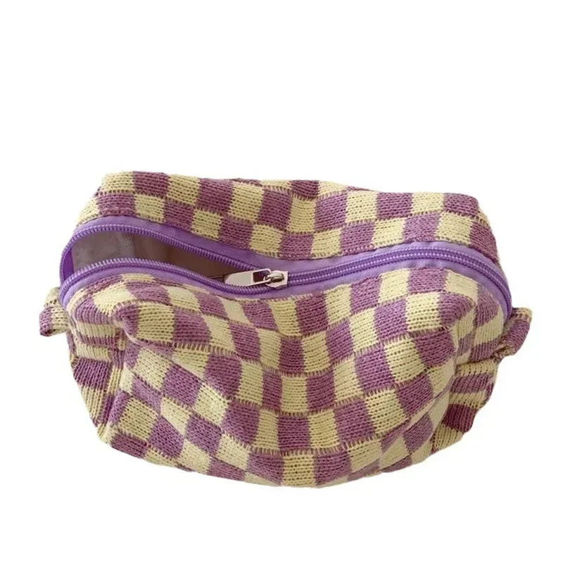 Trousse de toilette femme damier tricot - grande capacité