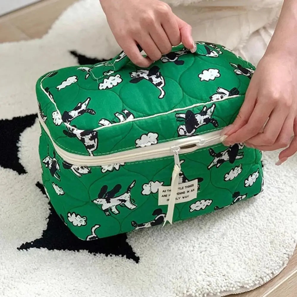 Trousse de toilette verte en coton – Style coréen, chien cartoon, grande capacité