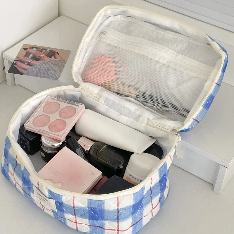 Trousse de Toilette Vintage Plaid - Maquillage Voyage en Coton Matelassé
