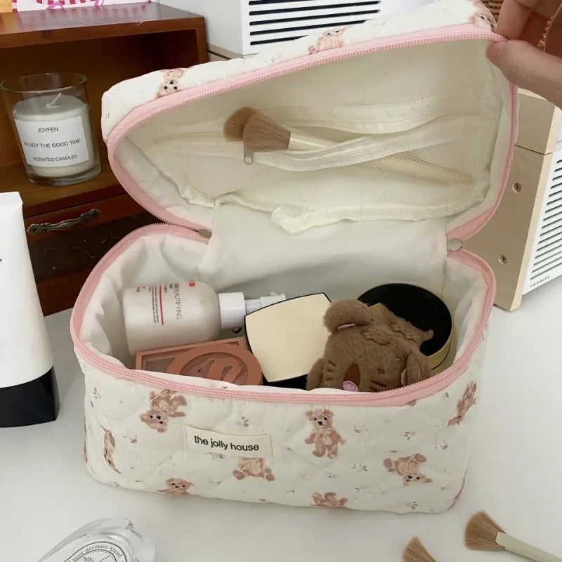 Trousse de Toilette Femme Ours Cartoon - Grande Capacité, Pochette Maquillage Matelassée