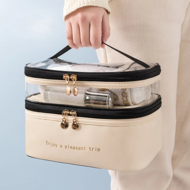 Trousse de Toilette Double en PU Transparent – Étanche, Portable, Grande Capacité, Voyage