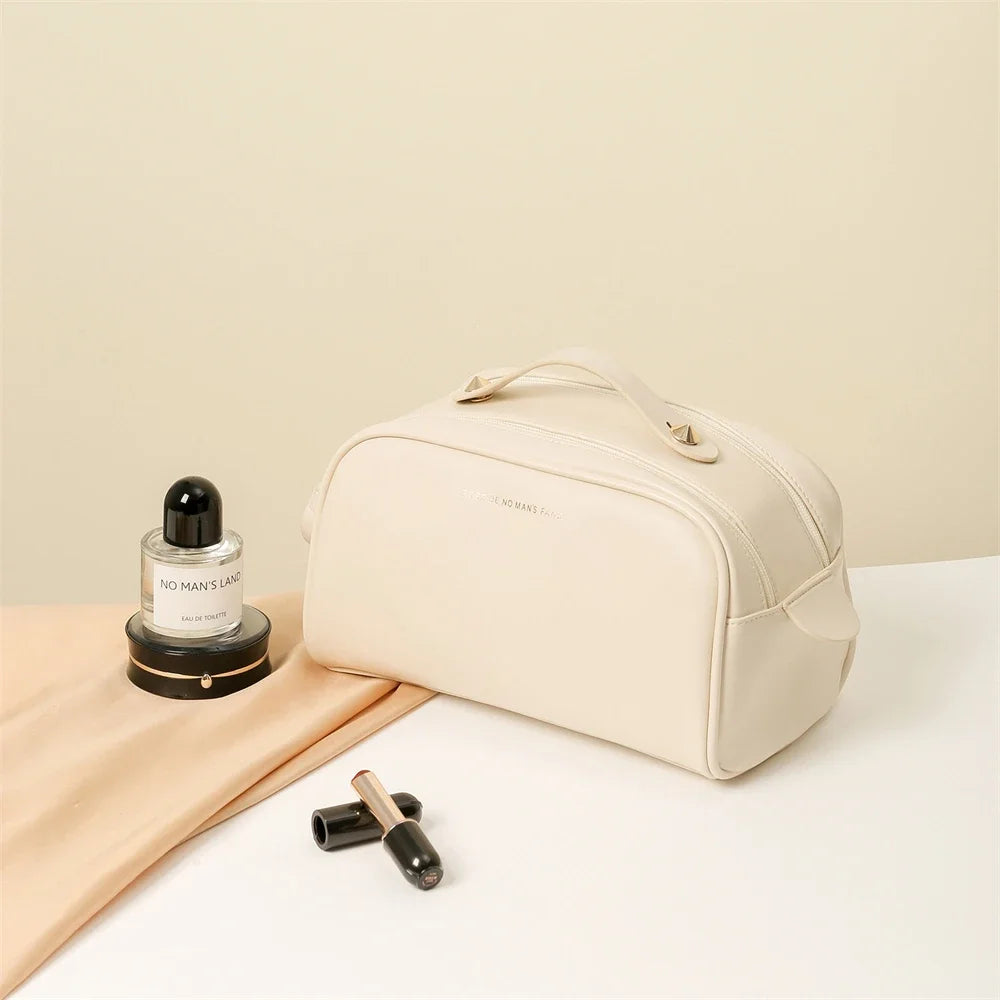 Trousse de Toilette PU Cuir – Ouverture Large, Grande Capacité, Organisateur Maquillage Portable