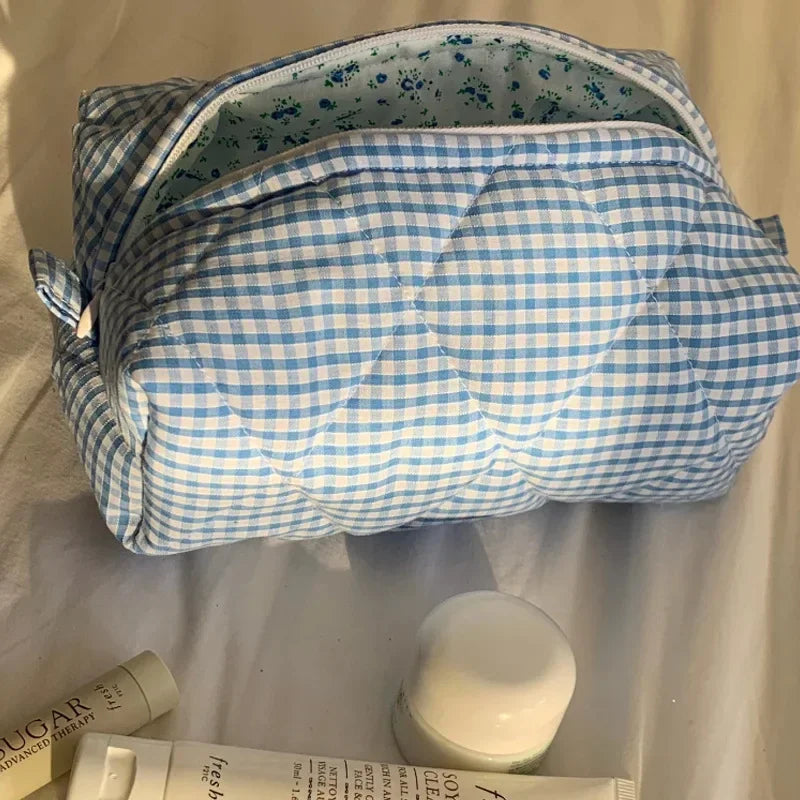 Trousse de Toilette Grande Capacité – Coton Matelassé, Carreaux Floraux