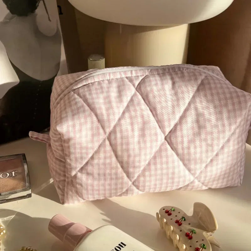 Trousse de Toilette Floral à Carreaux – Grande Capacité, Matelassée