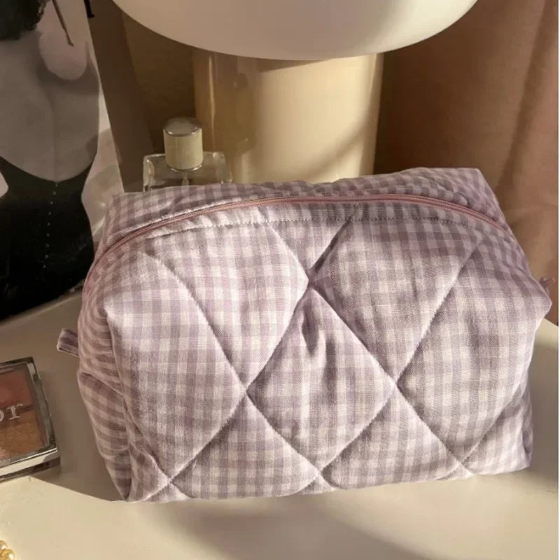 Trousse de Toilette Floral à Carreaux – Grande Capacité, Matelassée