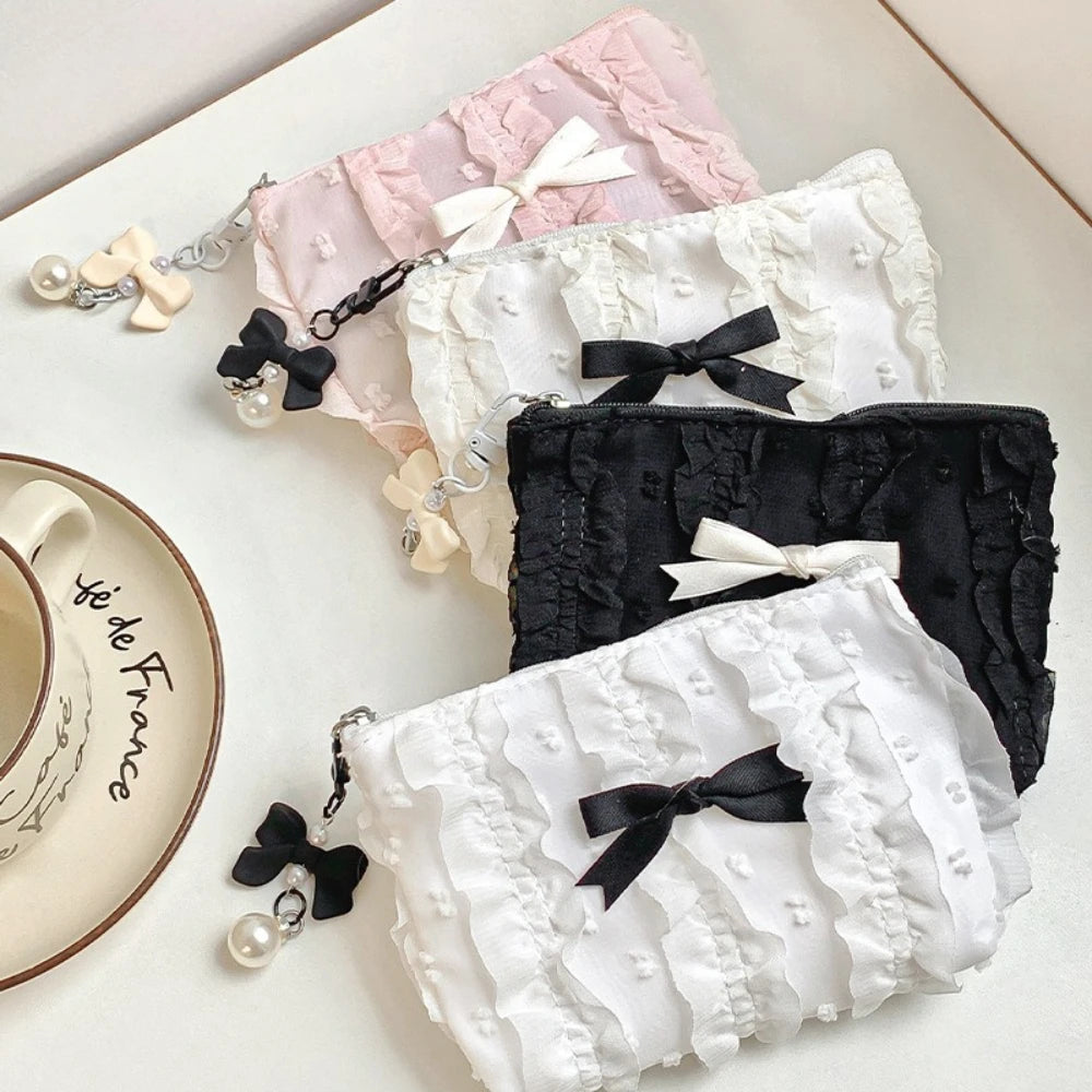Trousse de Toilette Femme – Mini Maquillage, Dentelle Coréenne et Nœud, Compacte et Zippée