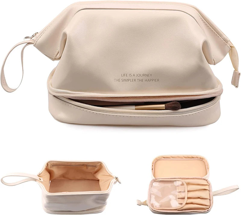 Trousse de Toilette Cuir Étanche Double-Couche – Maquillage Voyage