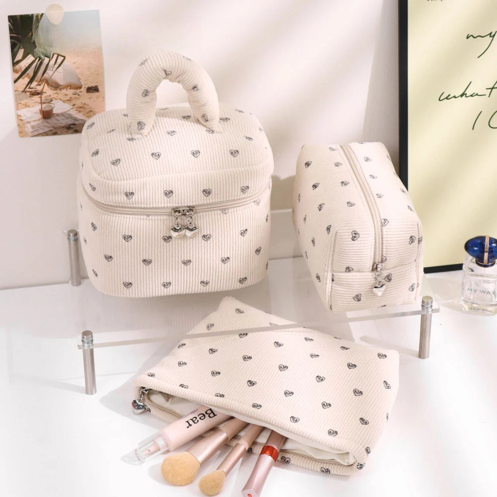 Trousse Toilette Velours Côtelé Imprimé Cœur – Grande Capacité