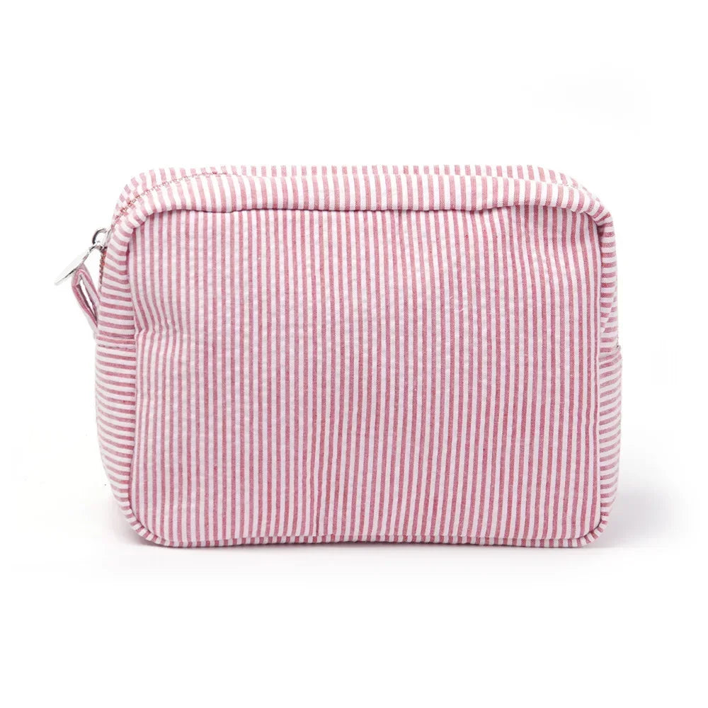 Trousse de Toilette Seersucker à Volants – Maquillage Rayé, Fermeture Éclair