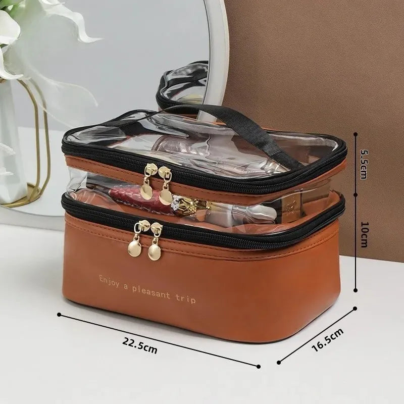 Trousse de Toilette Double PU Transparent – Étanche, Portable, Grande Capacité