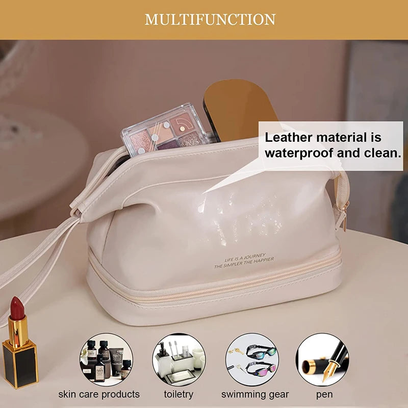 Trousse de Toilette Cuir Étanche Double-Couche – Maquillage Voyage