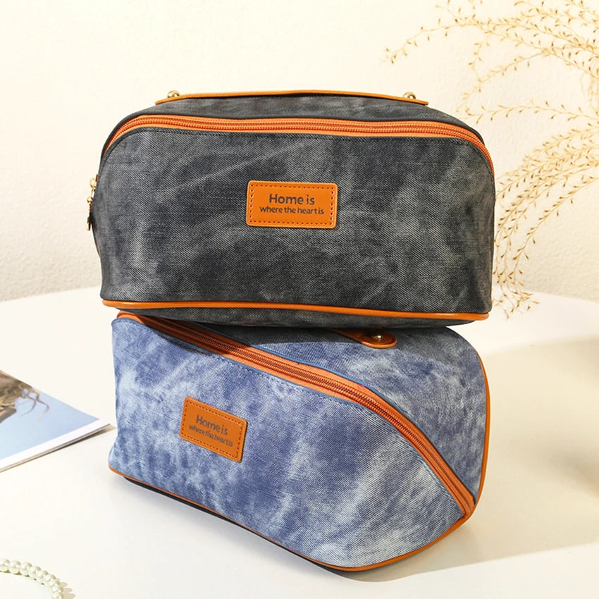 Trousse Denim Étanche – Grande Capacité, Voyage, Maquillage