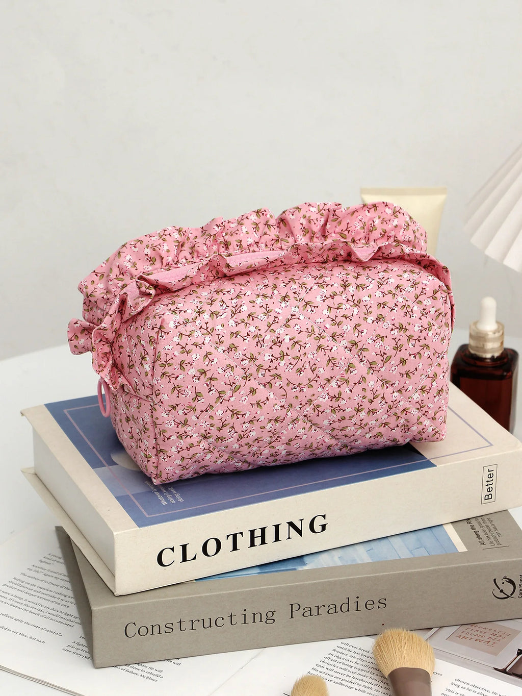Trousse de Toilette Rose Motif Cerise – Grande Capacité, Organisateur de Maquillage, Voyage