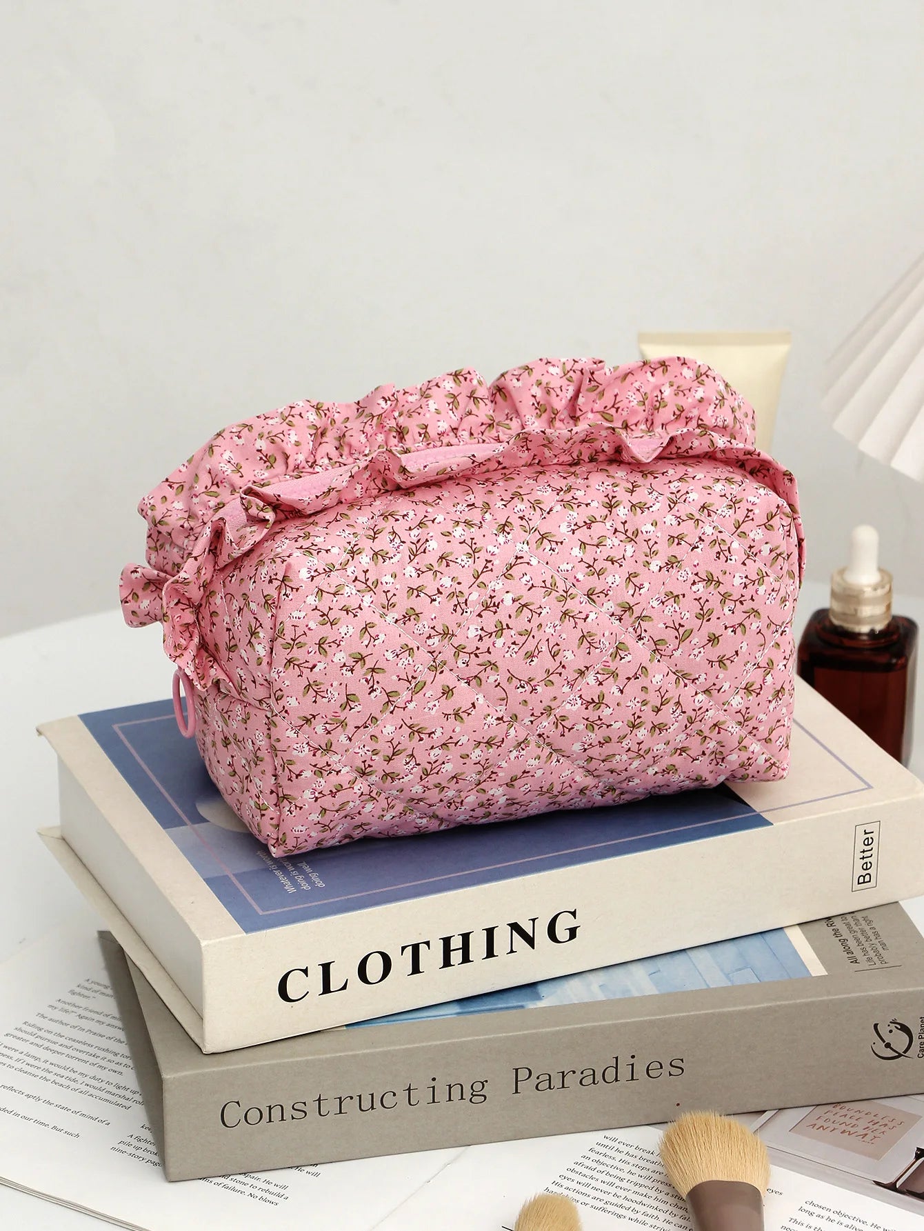 Trousse de Toilette Rose Motif Cerise – Grande Capacité, Organisateur de Maquillage, Voyage