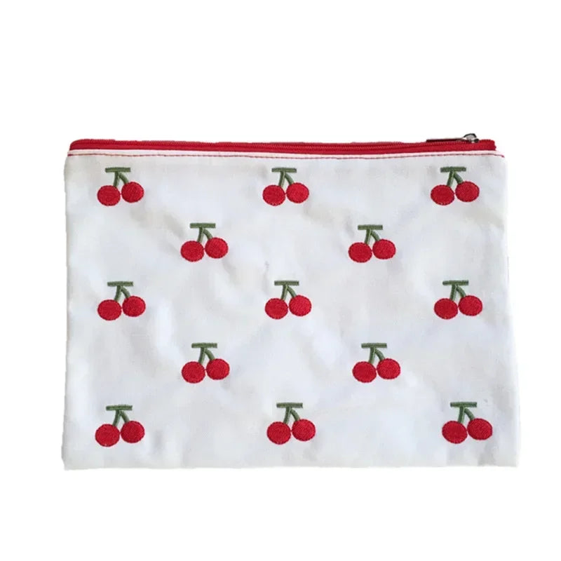 Trousse de Toilette en Coton Portable – Broderie Cerise – Maquillage Femme