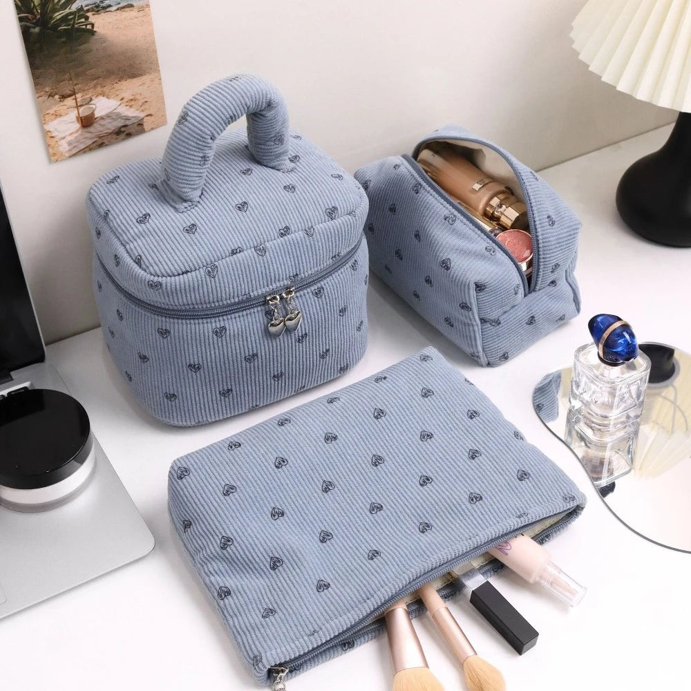 Trousse de Toilette Velours Côtelé Imprimé Cœur - Grande Capacité Voyage