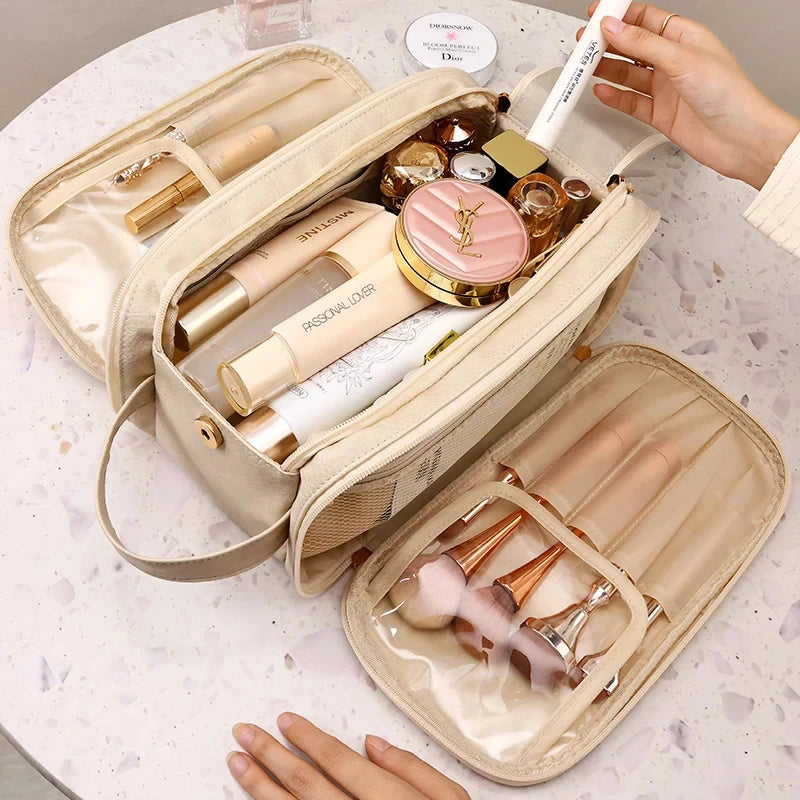 Trousse de toilette en PU – Grande capacité, Fermeture éclair double, Voyage et maquillage