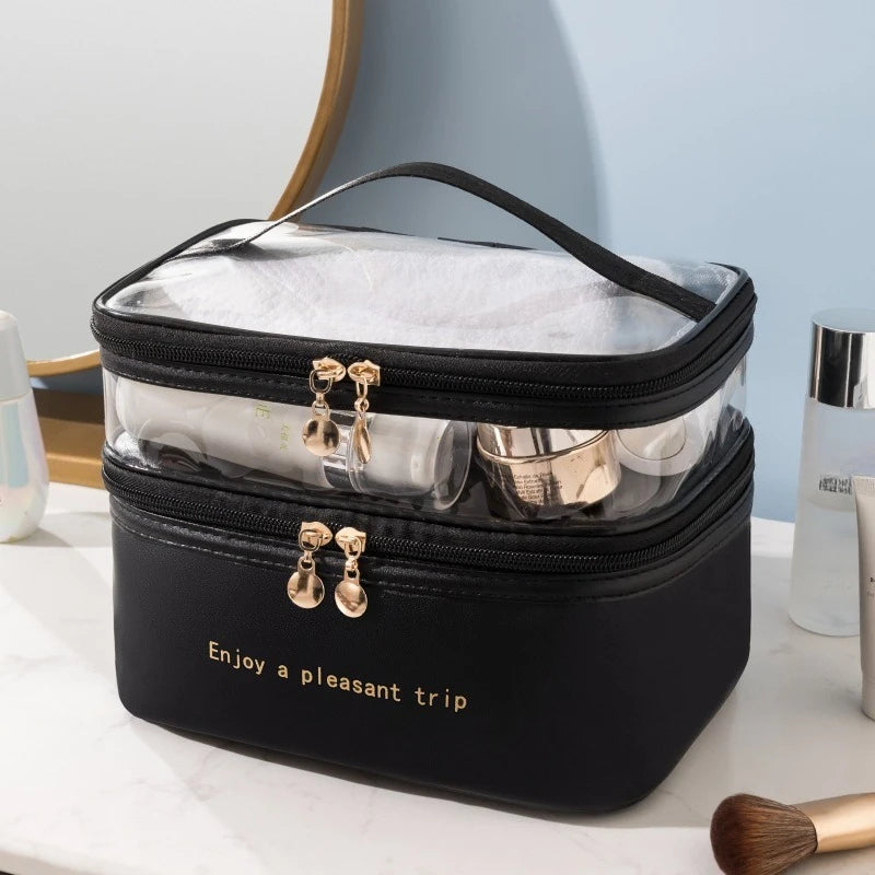 Trousse de Toilette Double PU Transparent – Étanche, Portable, Grande Capacité