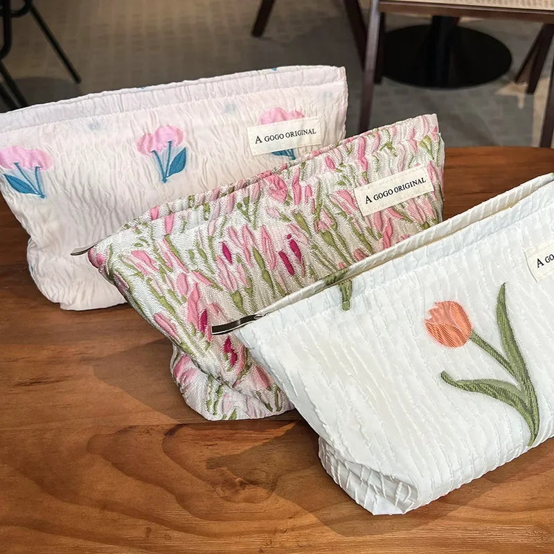 Trousse de Toilette Imprimé Floral Relief – Grande Capacité, Zip, Trousse Maquillage Femme