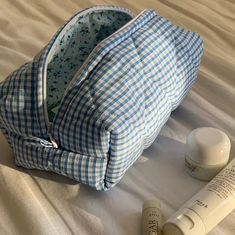 Trousse de Toilette Floral à Carreaux – Grande Capacité, Matelassée