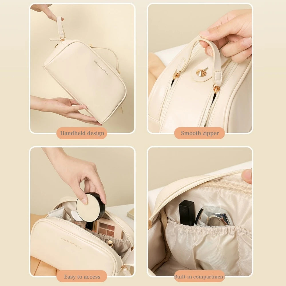 Trousse de Toilette PU Cuir – Ouverture Large, Grande Capacité, Organisateur Maquillage Portable