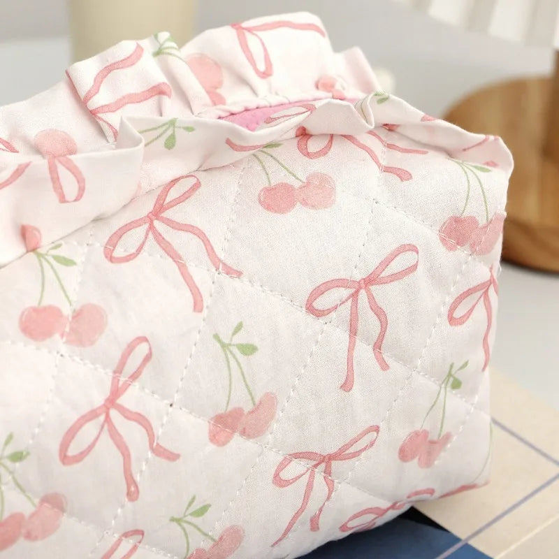 Trousse de Toilette Rose Motif Cerise – Grande Capacité, Organisateur de Maquillage, Voyage