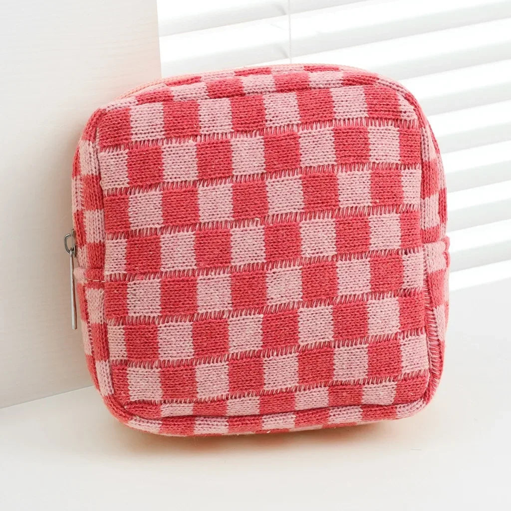 Trousse de toilette femme damier tricot - grande capacité