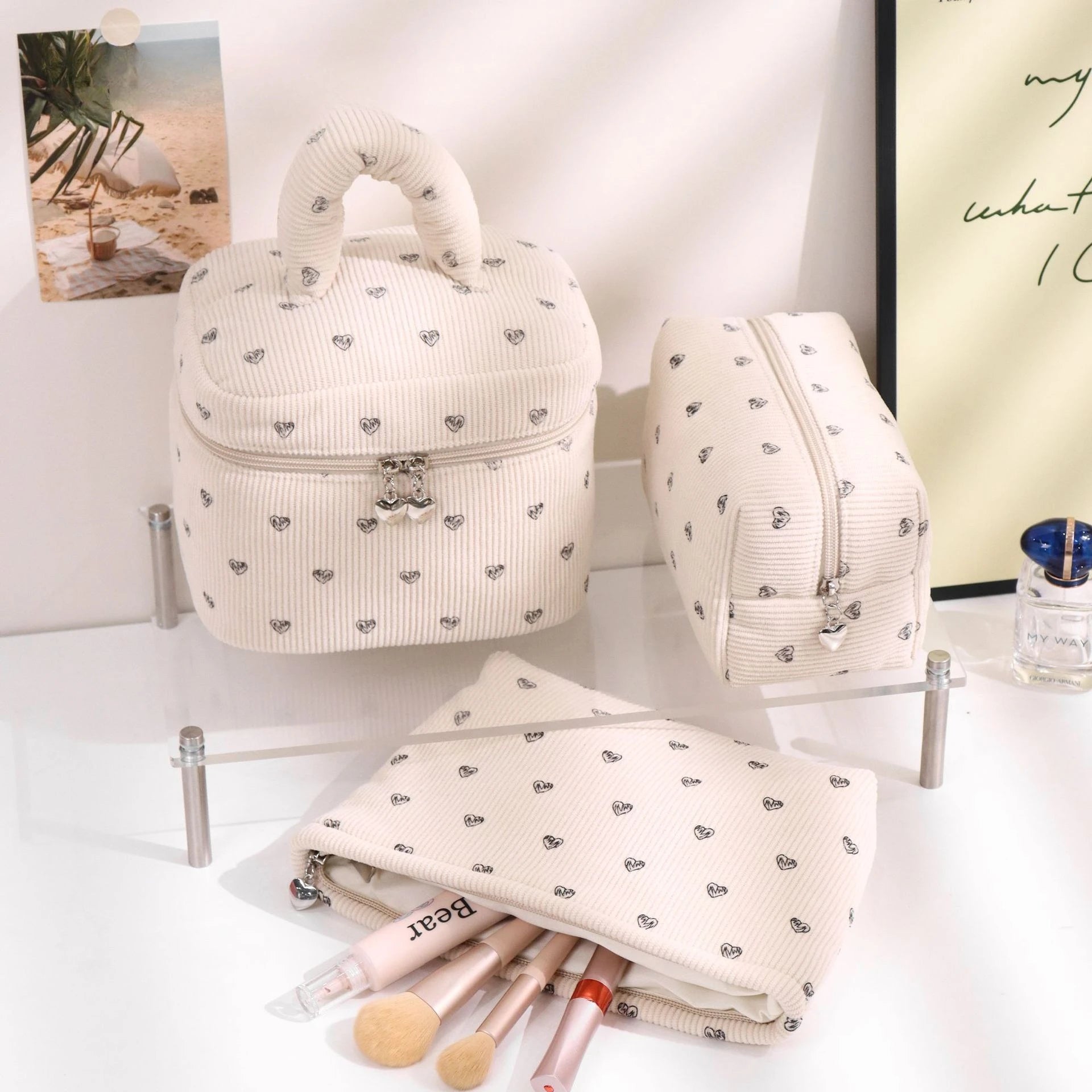 Trousse Toilette Velours Côtelé Imprimé Cœur – Grande Capacité