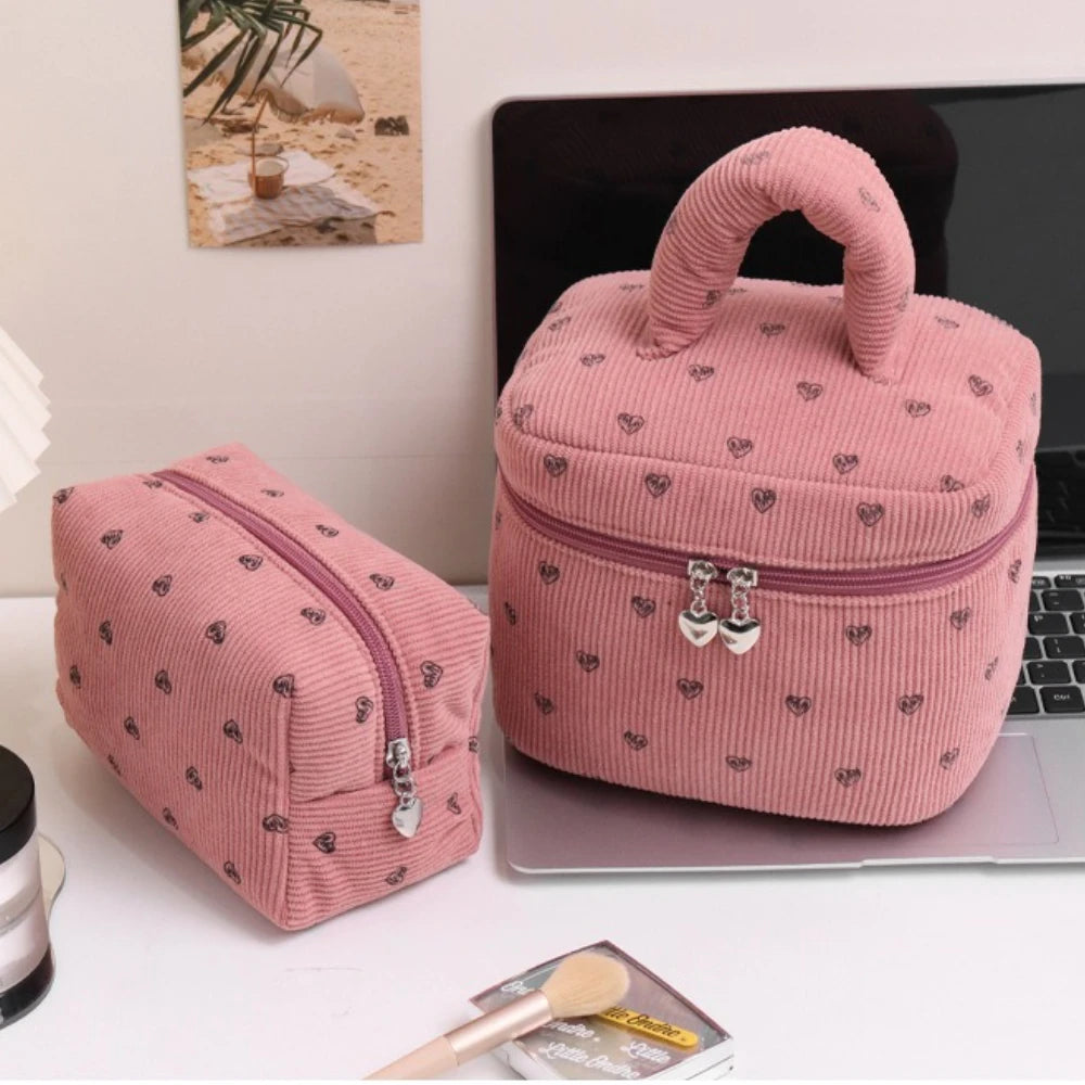 Trousse Toilette Velours Côtelé Imprimé Cœur – Grande Capacité