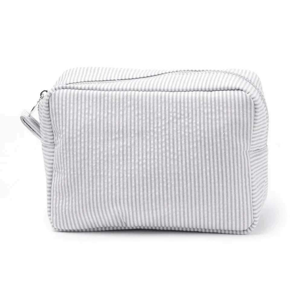Trousse de Toilette Seersucker à Volants – Maquillage Rayé, Fermeture Éclair