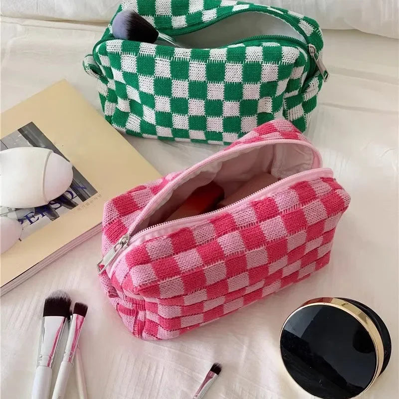 Trousse de toilette femme damier tricot - grande capacité